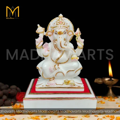15 Inch Ganpati Ji with Marble Choki in Pure Makrana Marble
