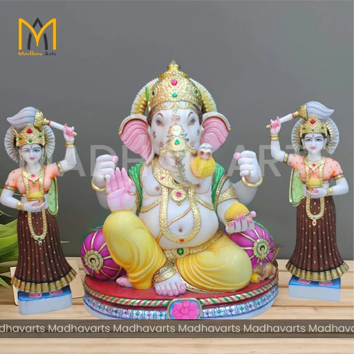 2.5 ft Ganpati Ji with Riddhi Siddhi in Full Color and Gold Work
