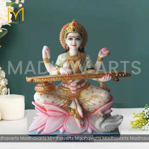 Sacred Wisdom: 2 ft Saraswati Mata Moorti in Pure Makrana Marble