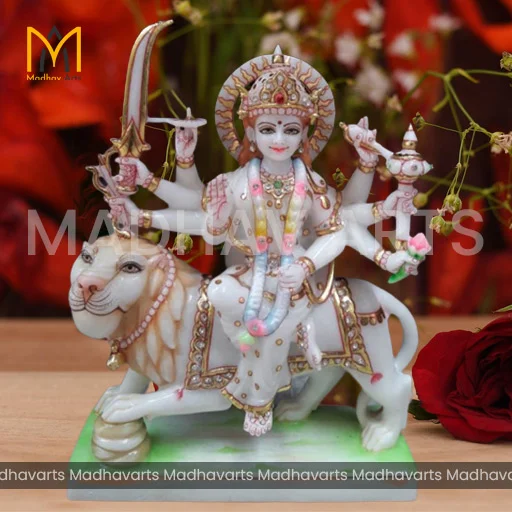 1 ft Durga Mata Moorti in Pure Makrana Marble with Intricate