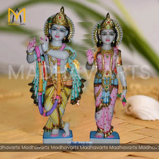 3 ft Radha Krishna Moorti in Pure Makrana Marble with Real Gold Work