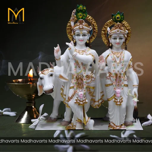 2 ft Radha Krishna Moorti with Cow in Pure Vietnam Marble