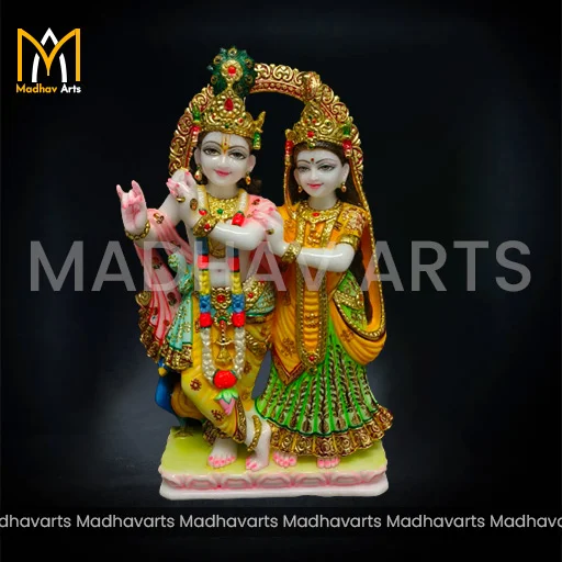 18 Inch Jugal Jodi Moorti in Pure Makrana Marble with Fine Gold Work
