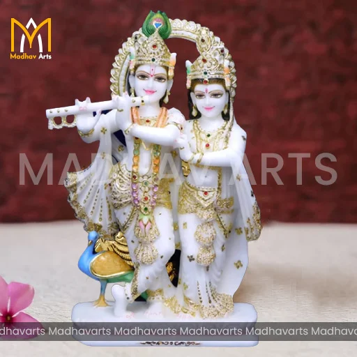 18 Inch Jugal Jodi Moorti in Pure White Marble with Gold Work