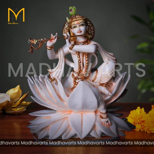 18 Inch Lotus Krishna Moorti in Pure Marble