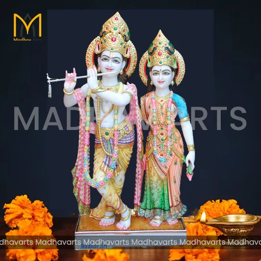 3 ft Jugal Jodi Idol in Pure Makrana Marble with Gold Work